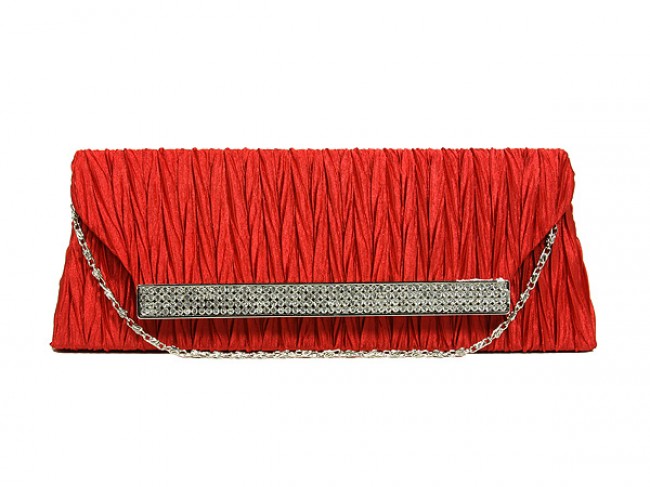 Evening Bag - Pleated Satin w/ Mesh Metal Bar Accent - Red &ndash; BG-92006R